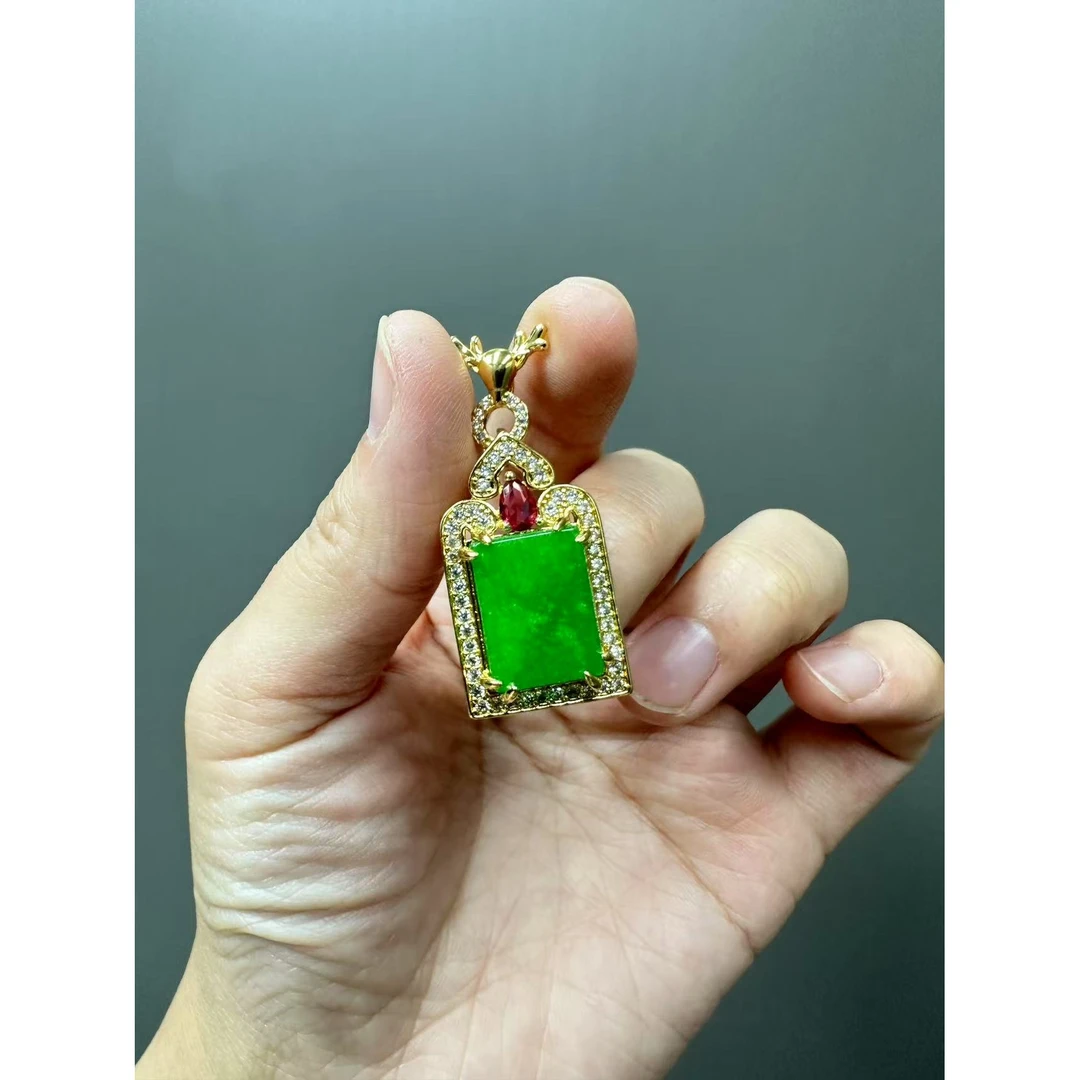 翡翠设计款14k一鹿有你无事牌吊坠