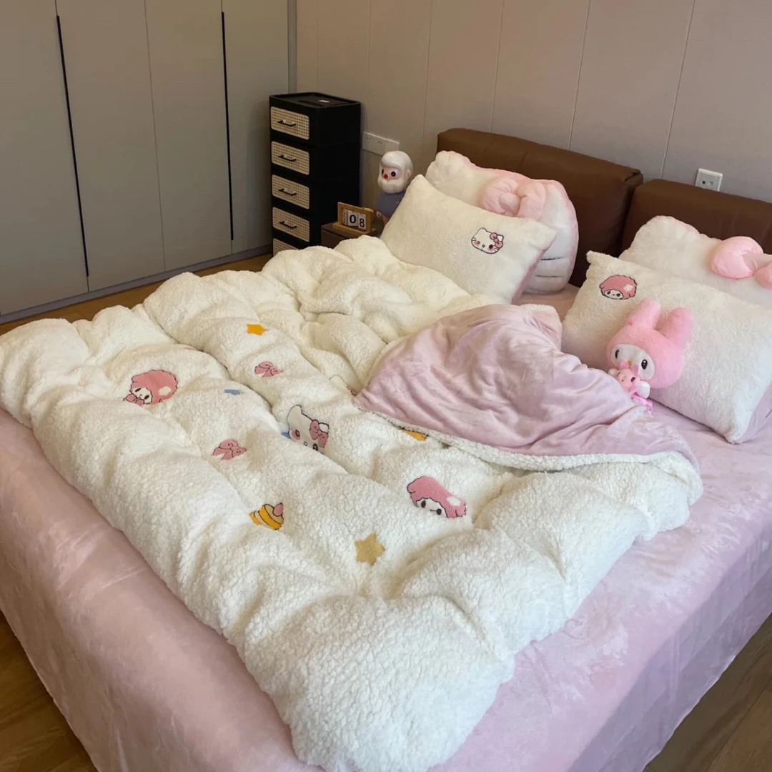 冬季ins风卡通KT猫毛巾绣牛奶绒四件套加厚保暖被套牛奶绒四件套