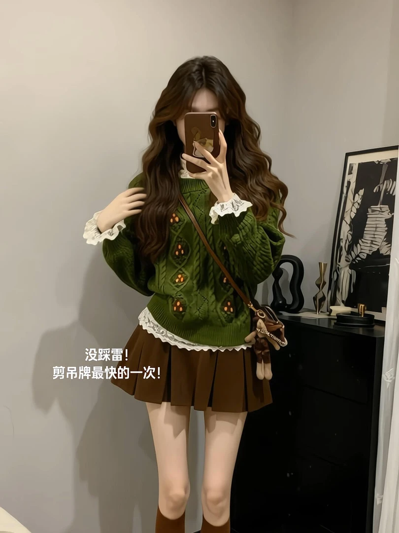 2026超火穿搭一整套装慵懒风圆领麻花毛衣叠穿打底衫半身裙三件套