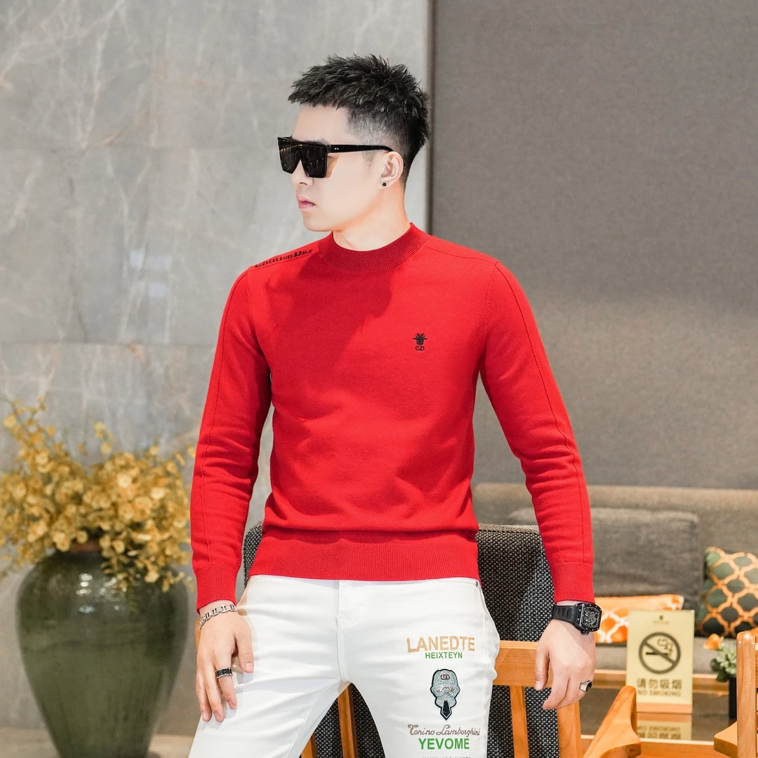 高档羊毛混纺针织衫男毛衣红色圆领修身打底衫2025冬季新款82710