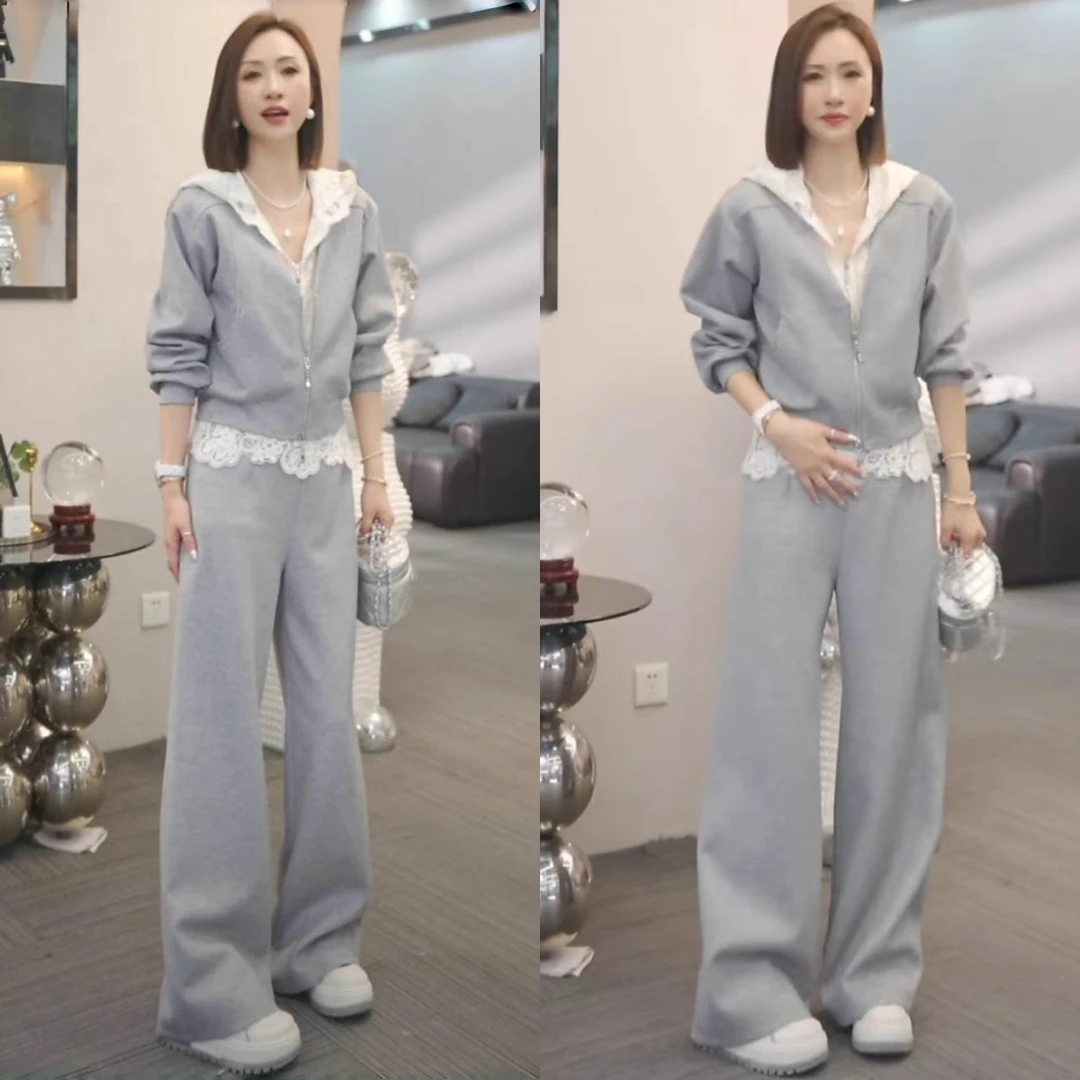 早春季穿搭一整套休闲套装女假两件蕾丝拼接连帽卫衣阔腿裤两件套