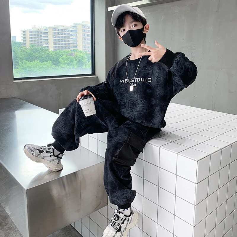 男童痞帅口袋卫衣套装春秋款2025新款儿童休闲长袖两件套中大童15