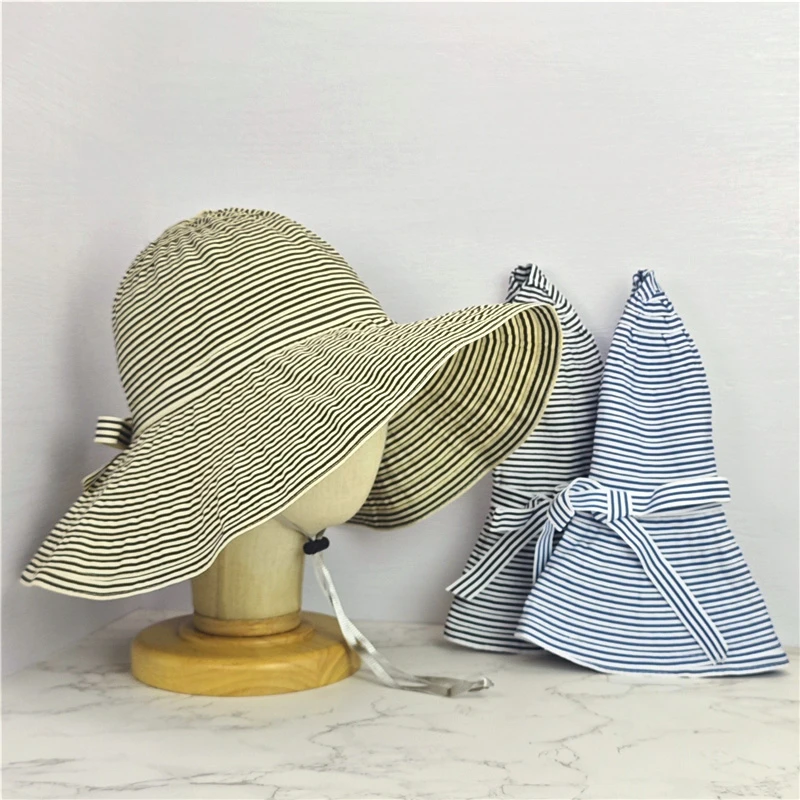 韩系帽子条纹遮阳帽夏季防晒帽太阳帽大帽檐沙滩帽收纳折叠百搭女