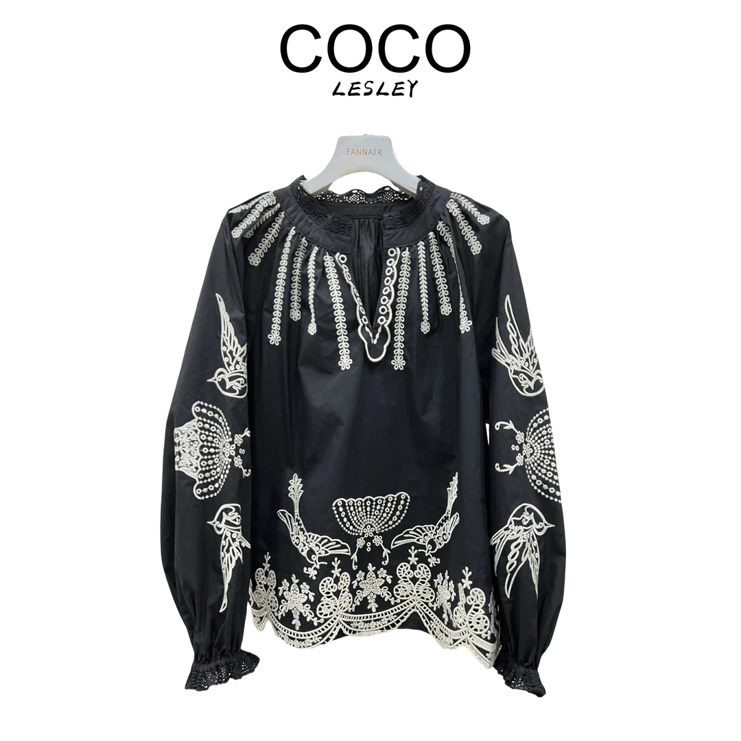 【COCO LESLEY】法式复古民族风精致花鸟刺绣V领法式雅致泡泡袖衬衫