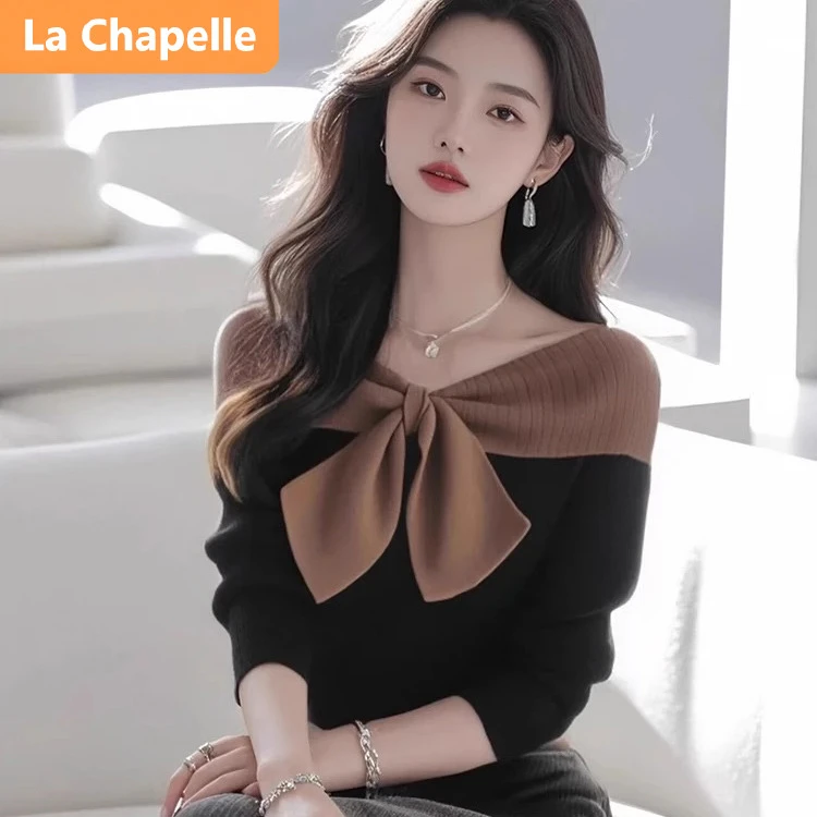 拉夏贝尔初秋一字肩撞色毛衣针织衫气质显瘦蝴蝶结设计感长袖上衣