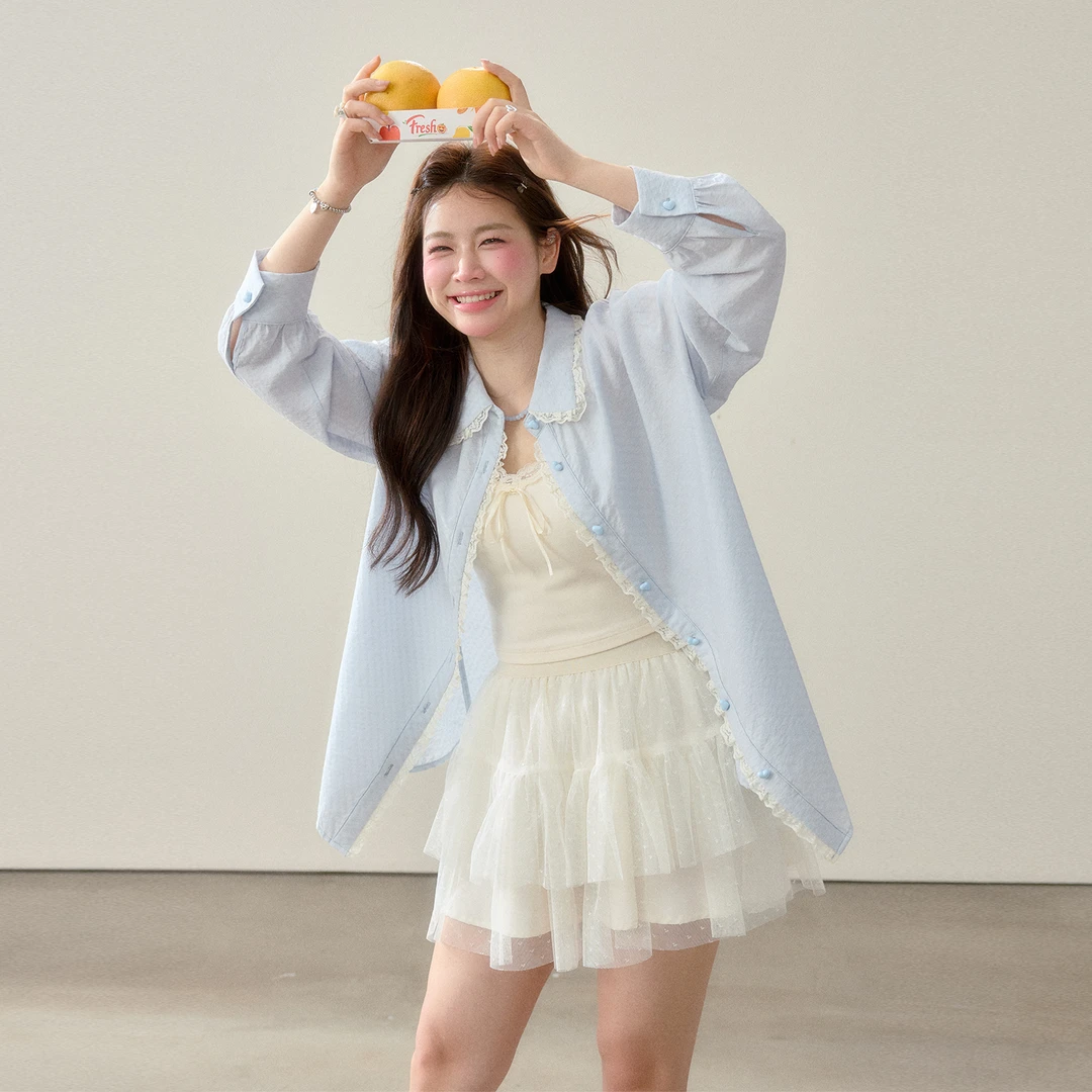 张大人【海盐豆豆】大码女装微胖妹妹清新元气减龄衬衫甜美风套装裙