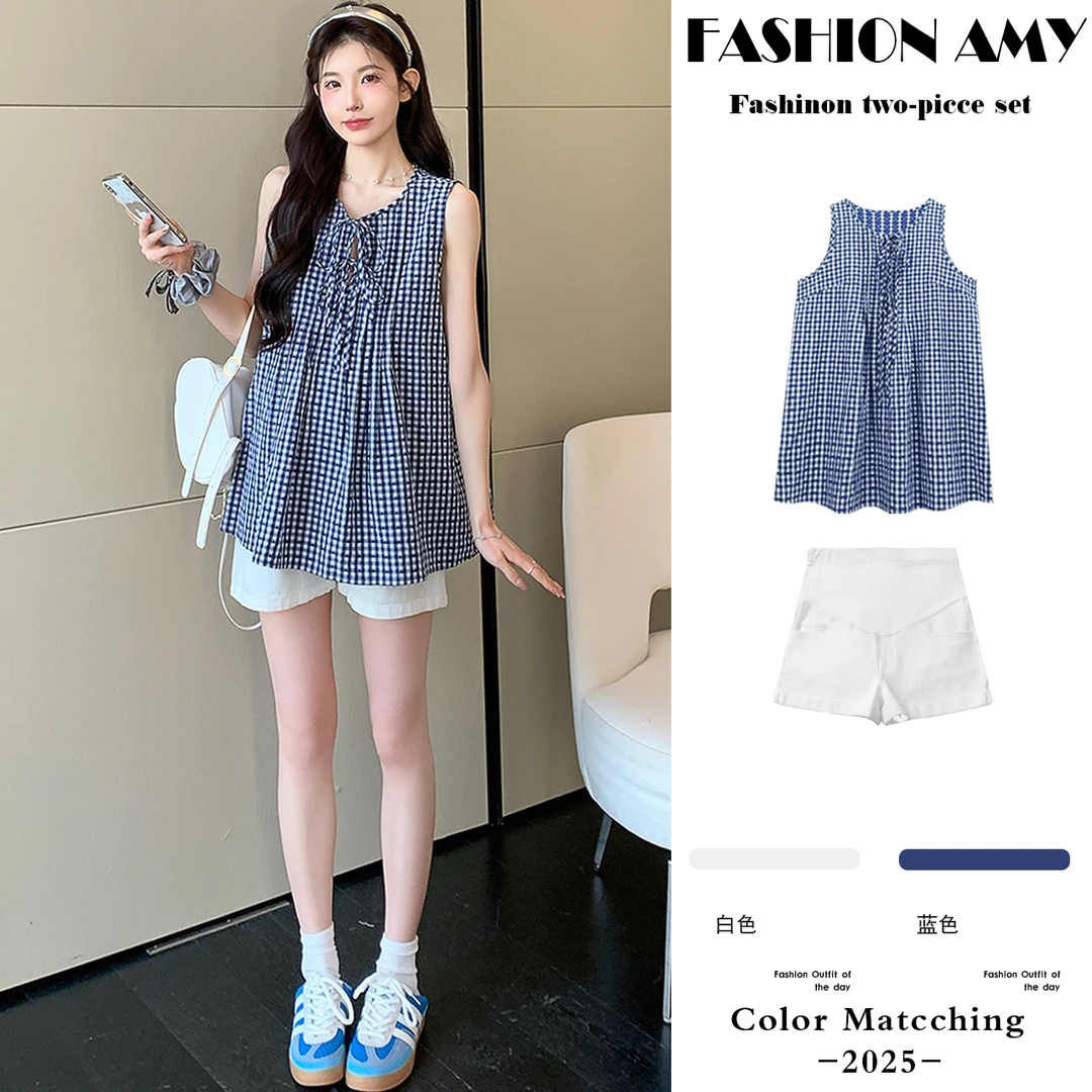 孕妇套装夏装新款时尚韩版夏季薄款格子系带背心上衣休闲托腹短裤