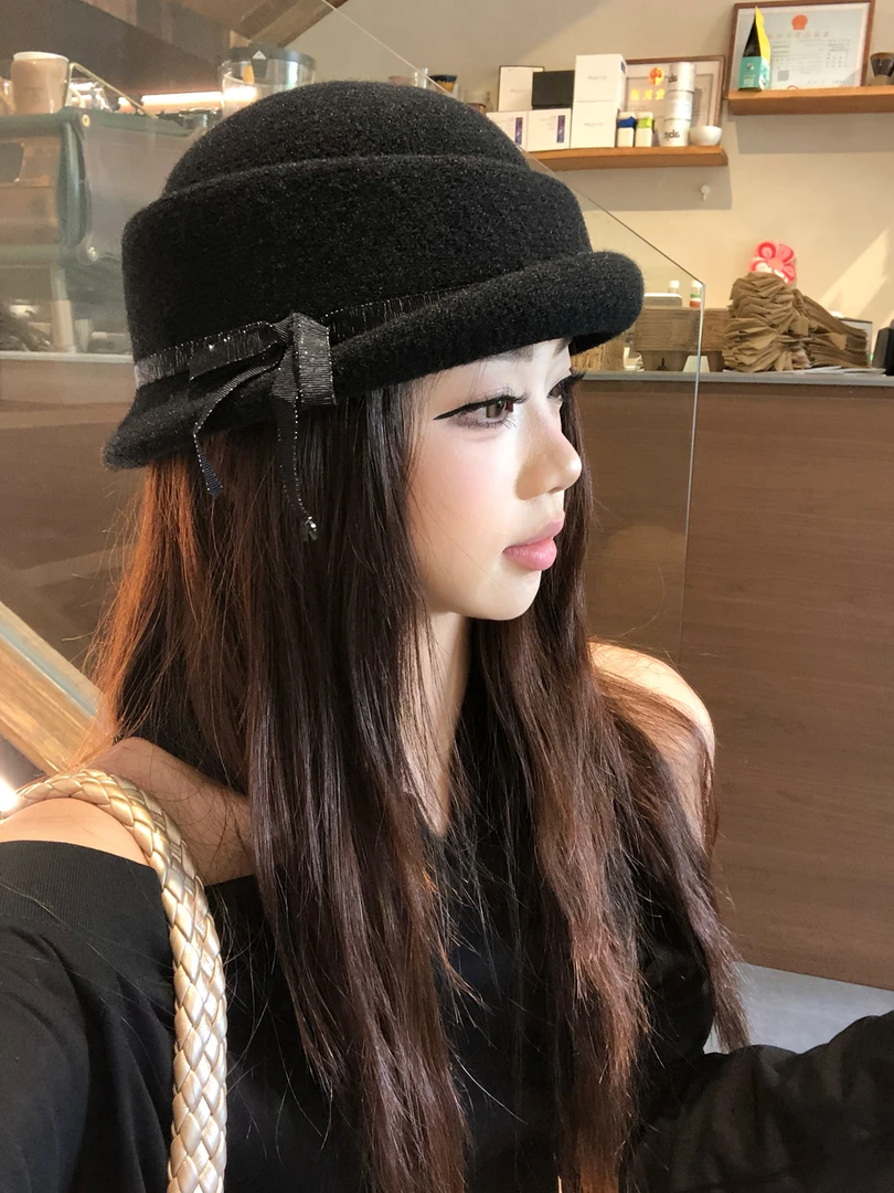 千金风高级感卷边黑色礼帽女秋冬法式赫本风气质优雅毛呢渔夫帽子