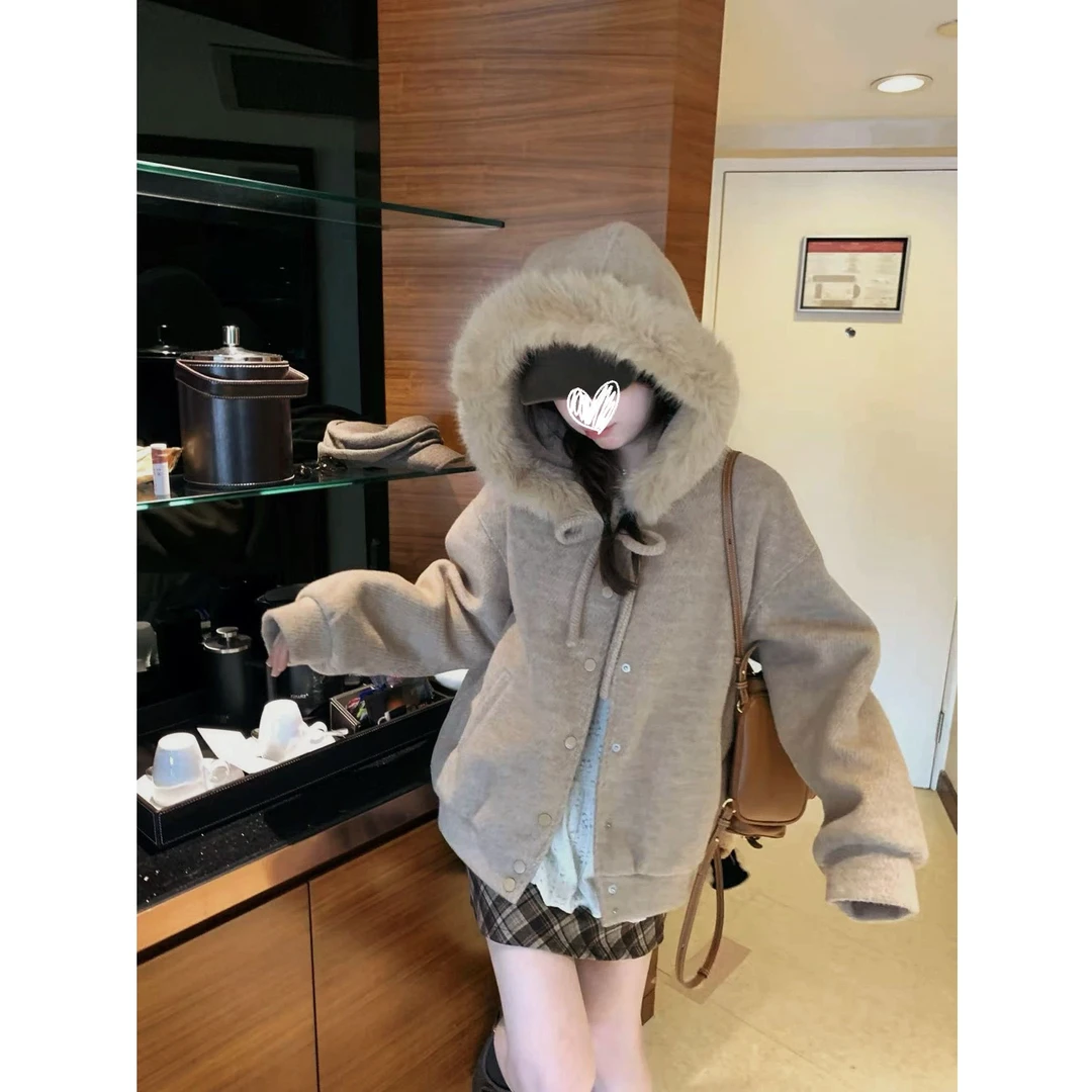 2025年新款蝴蝶结绑带大毛领连帽毛呢厚外套女好看棉服冬装#W6299