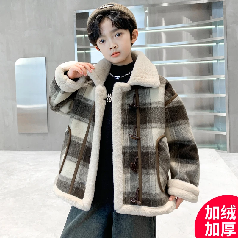 男童毛呢外套秋冬季加绒加厚中大童洋气韩版儿童男孩冬装棉服帅气