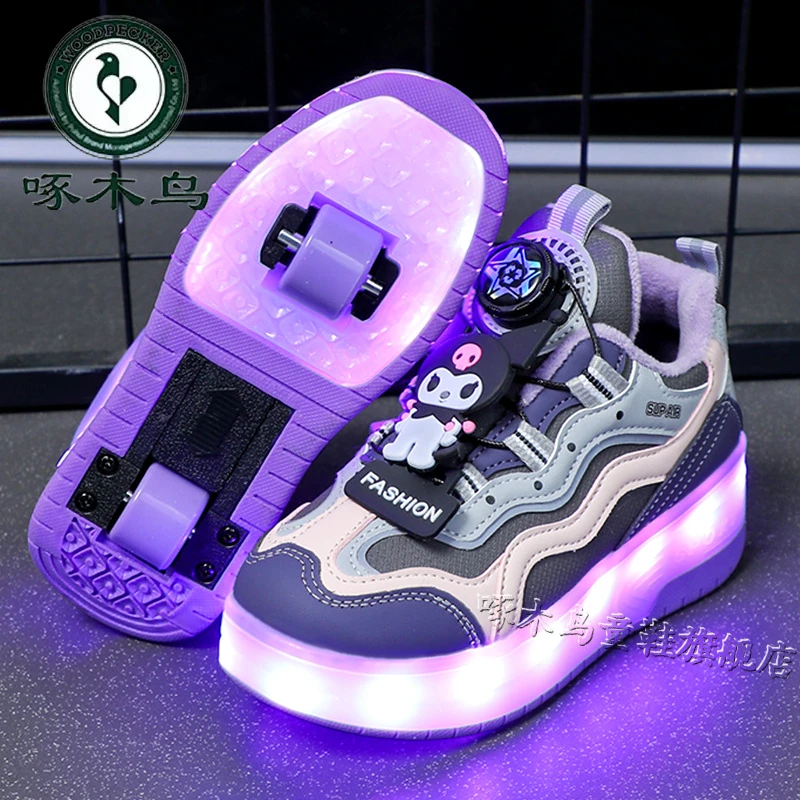 啄木鸟暴走鞋女童春季2025新款库洛米儿童滑轮爆走鞋学生溜冰运动