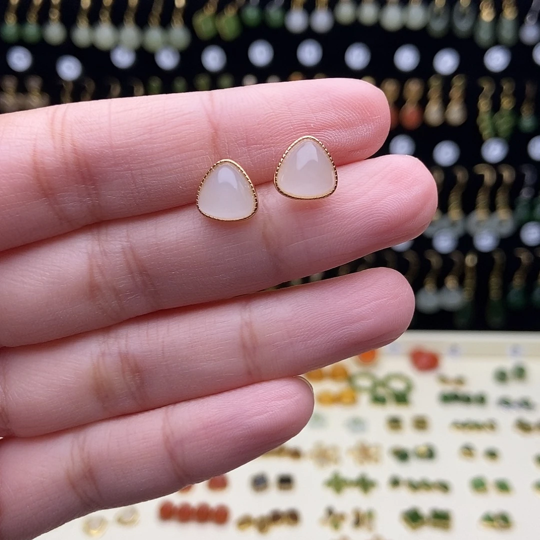 和田玉银S925镀金镶嵌耳饰