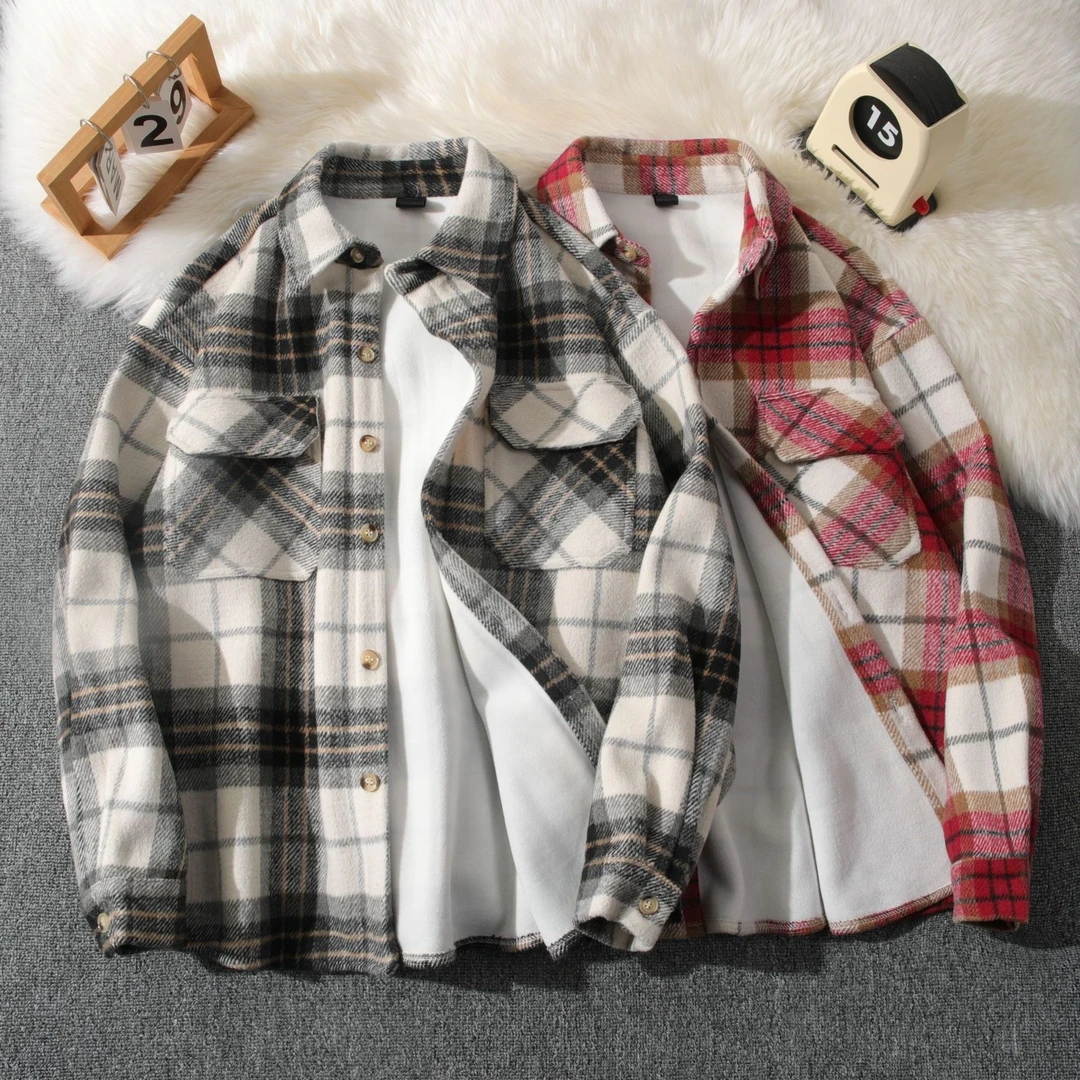 秋冬加绒格子衬衫加厚毛呢外套情侣百搭休闲衬衣男女韩版宽松长袖