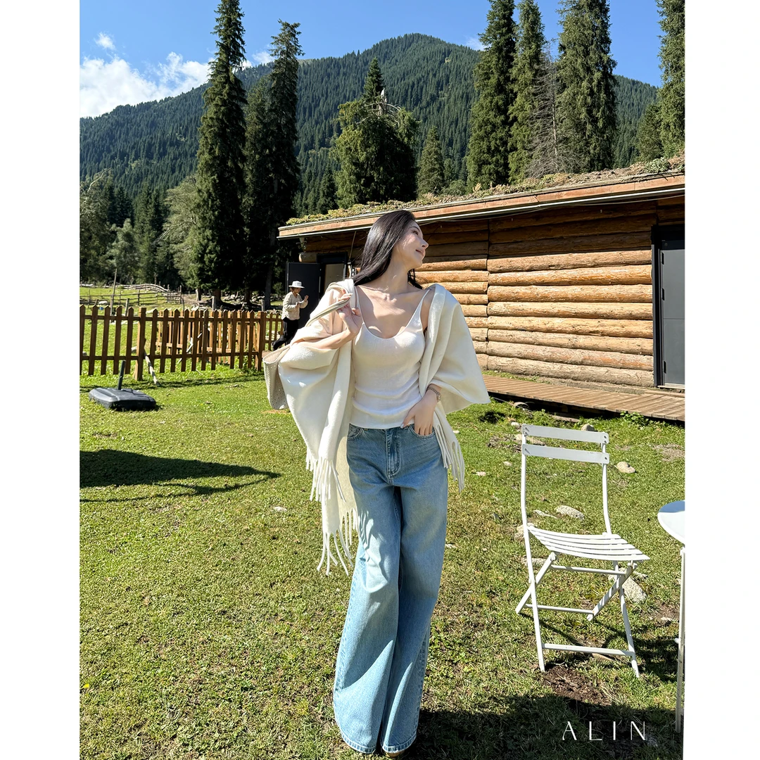 阿琳ALIN【微澜】莱赛尔高腰拼接蕾丝腰头直筒牛仔裤女四季AL5GNK10