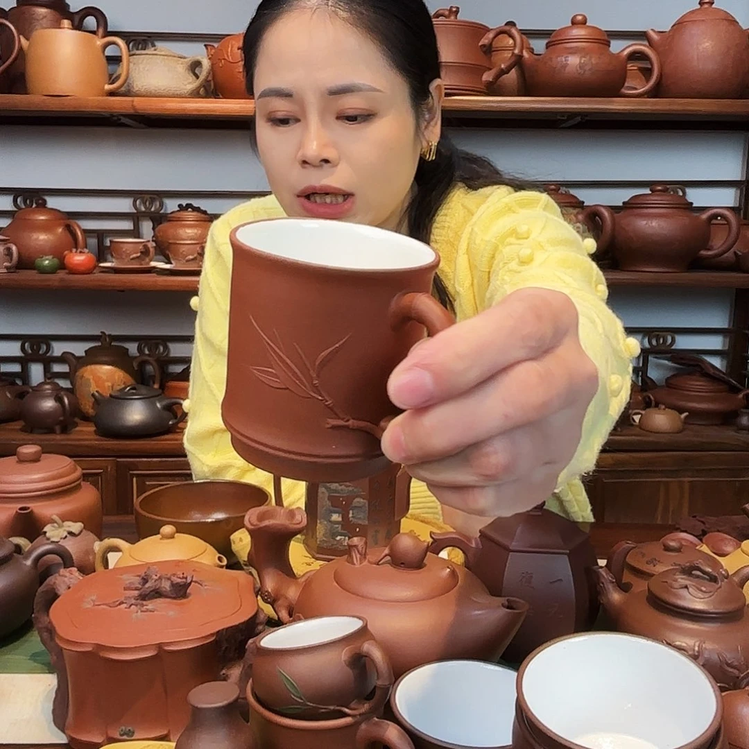 紫砂茶杯竹节紫砂白釉