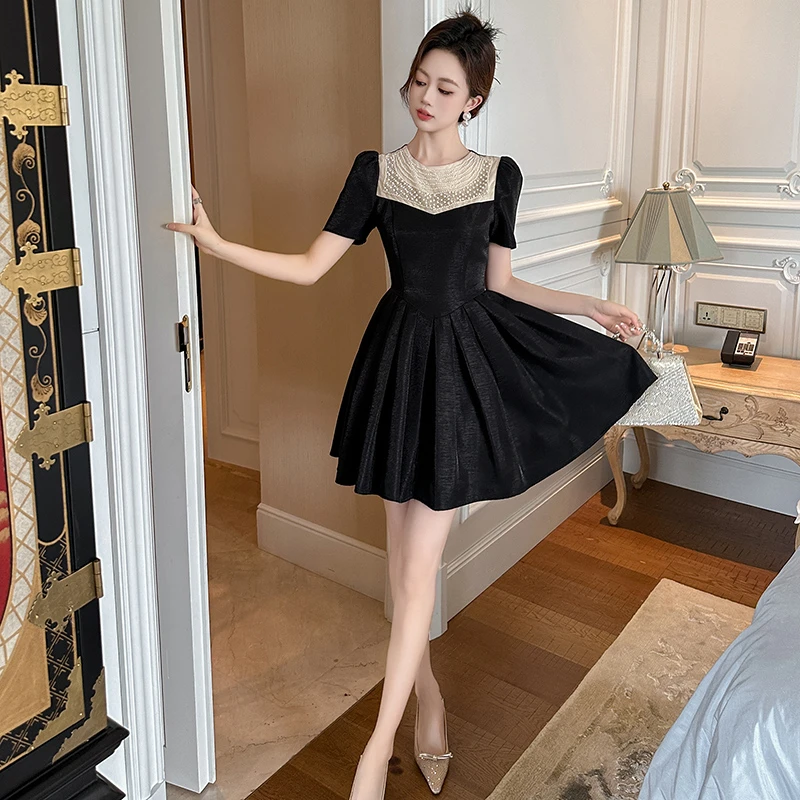 夏季轻奢小黑裙小众赫本风晚礼服泡泡袖宴会复古优雅裙子80188