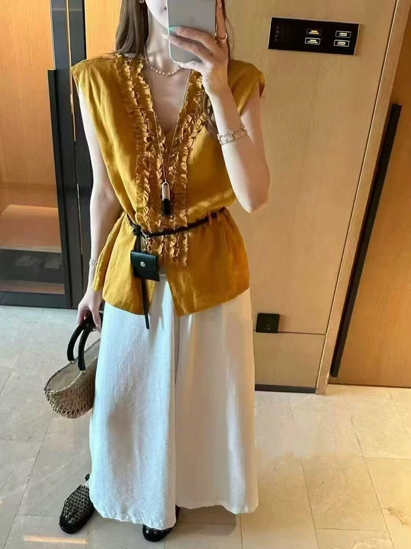 时尚V领中长款木耳拼接无袖夏季衬衫民族风气质摇滚风休闲韩#642