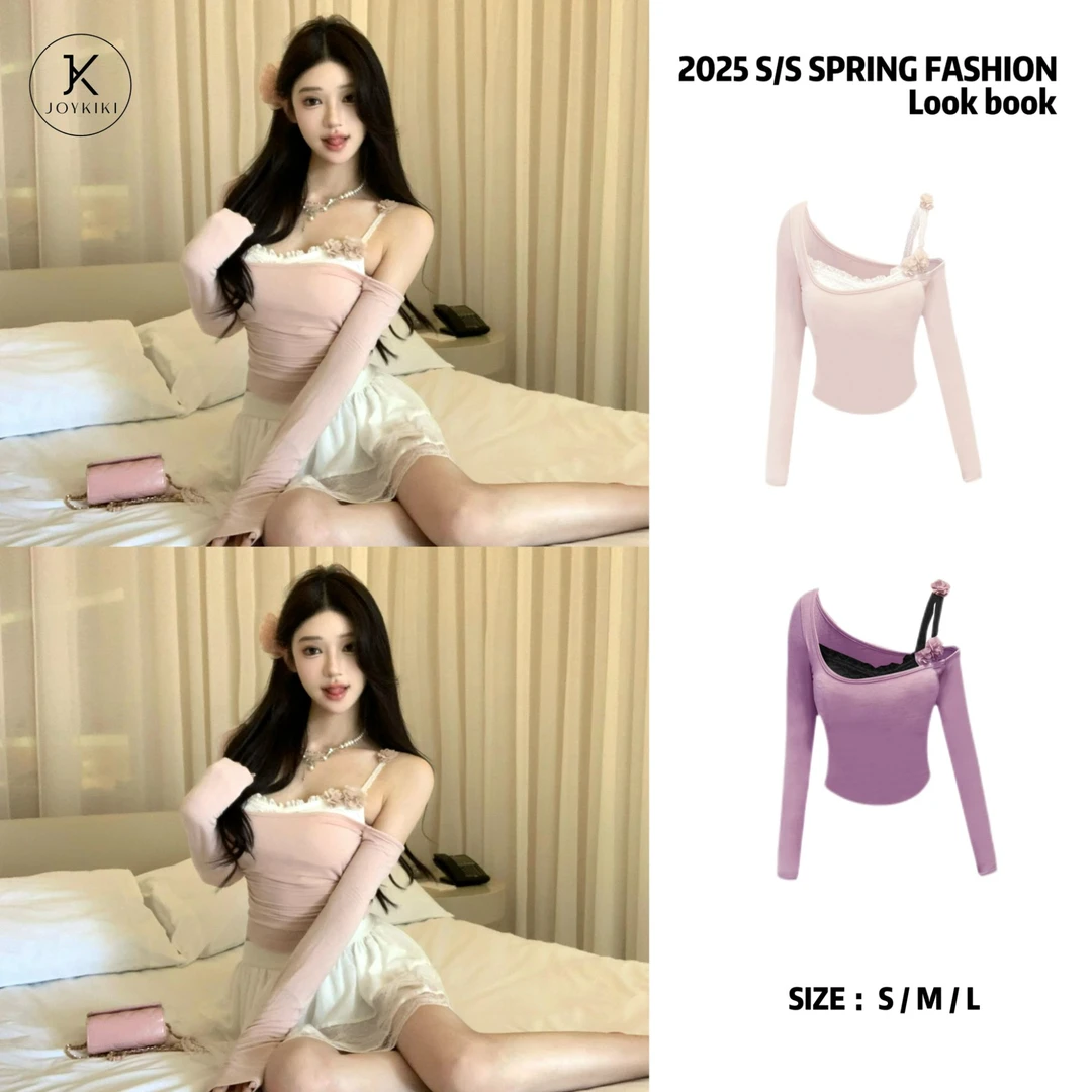 JOY KIKI金金【人间蜜桃】甜美蕾丝斜肩修身显瘦上衣J25A052