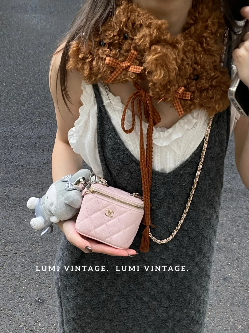 95新 Chanel/香奈儿 粉金荔枝牛皮化妆盒单肩包29366690