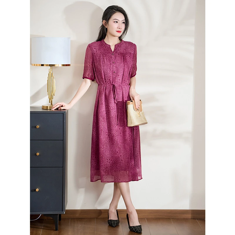 迪欧芙2025年夏季树莓红印花优雅气质时尚中长款连衣裙#XLQ17929