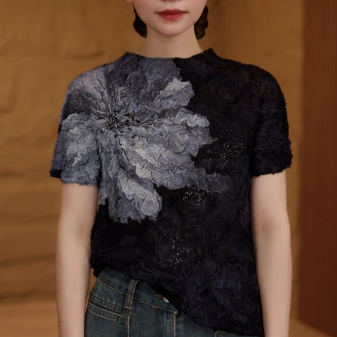 新款褶皱显瘦捏褶设计气质上衣短袖