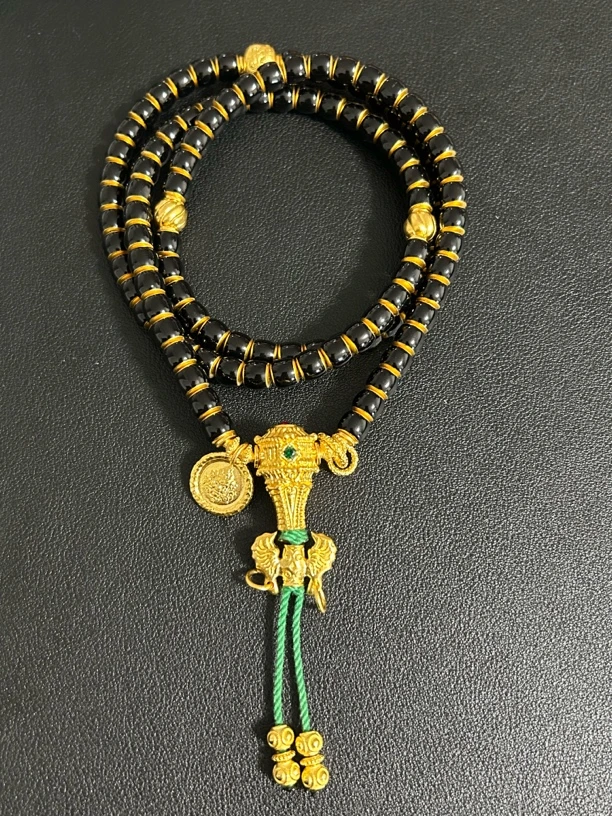 深圳水贝 足金卡7擂鼓三通珐琅彩黑色直切108珠串 克价858/g 定金