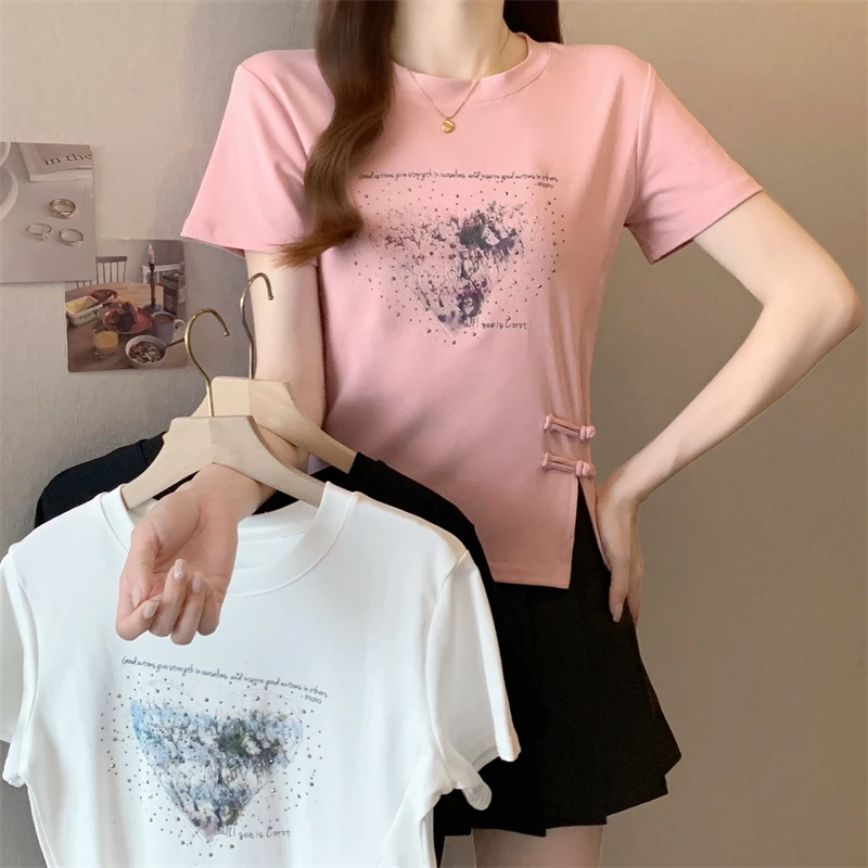 大码2024夏季新款休闲印花盘扣开叉T恤1133