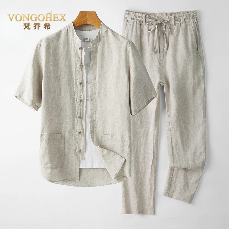 VONGOHEX冰丝亚麻休闲套装男短袖T恤夏季薄款五分袖宽松棉麻套装
