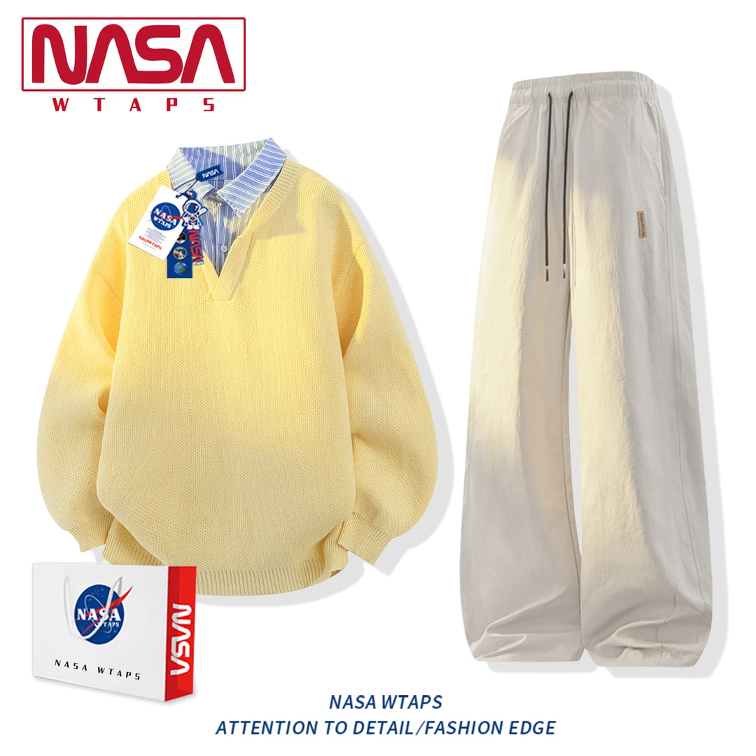 NASA WTAPS肌理感假两件卫衣男款套装秋季新款男孩休闲服保暖一套