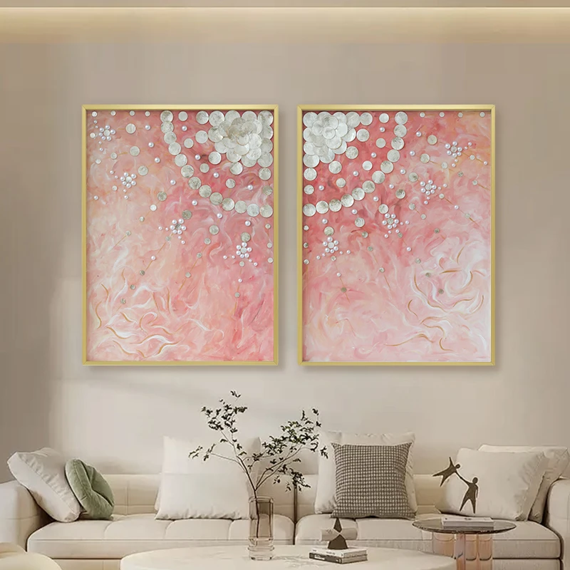 高级感法式手绘艺术油画客餐厅贝壳装饰画卧室玄关粉色朝朝旭日