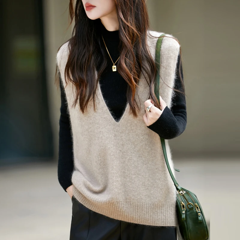 山羊绒+羊毛 拉毛无缝马甲V领女纯色针织落肩袖厚款衫N2108