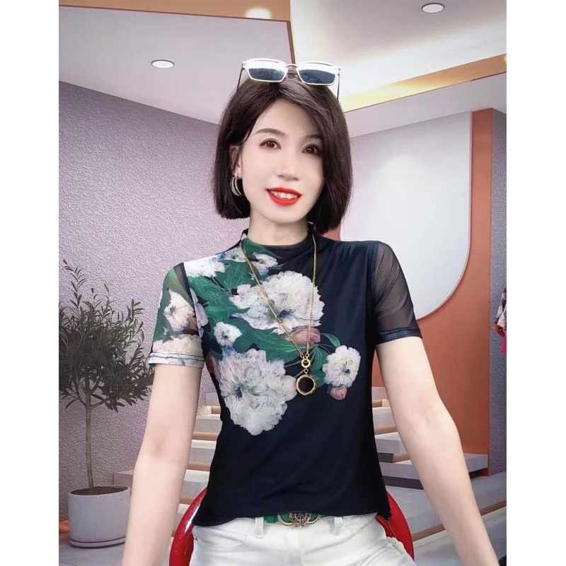2025夏新款网纱印花T恤修身显瘦小衫大码时尚短袖立领打底衫上衣