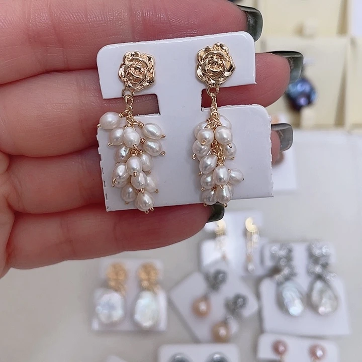 耳饰合金淡水珍珠葡萄串花朵耳环银针