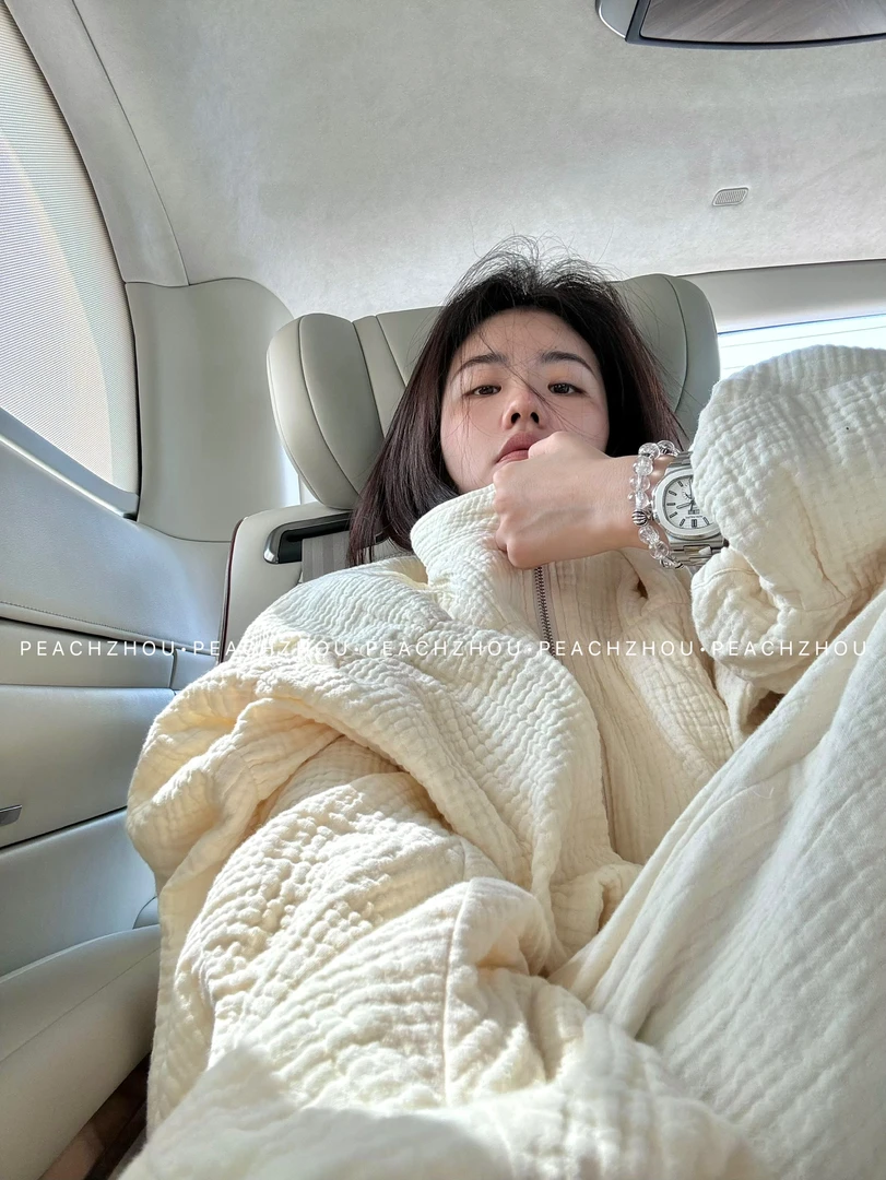 『PEACHZHOU』三层泡泡棉纱皱布落肩宽松立领拉链外套简约休闲开衫