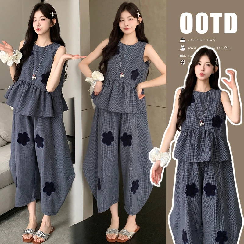 孕妇装2025夏季新款韩系泡泡纱外出潮妈套装太阳花孕期格子套装