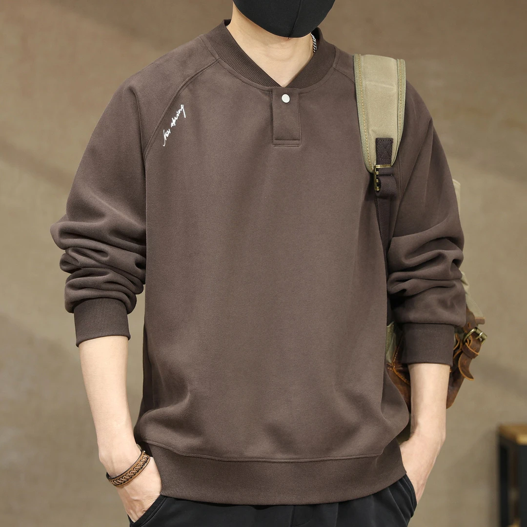 PONDEHEFOT普丹希斐春秋复古亨利领卫衣男休闲拼接刺绣宽松打底衫
