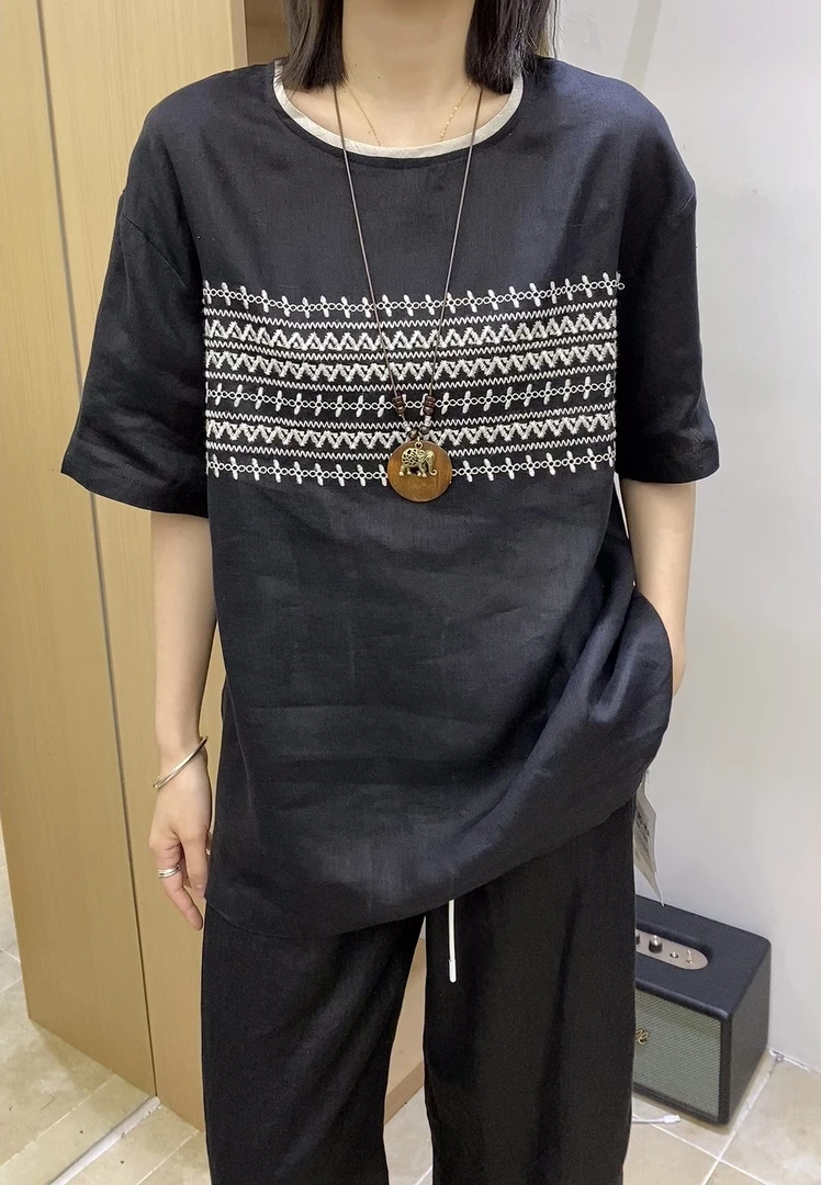 凤姐定制 {刺绣麻料短袖} F0062025025 时尚百搭休闲圆领亚麻短袖