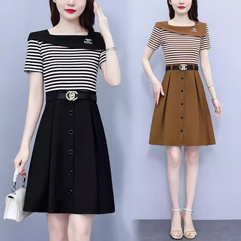 假两件法式条纹连衣裙时尚气质中长裙收腰修身显瘦裙子女夏季新款