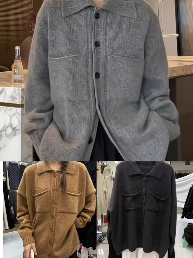 2025秋季新款韩版时尚洋气翻领双口袋宽松中长款针织开衫