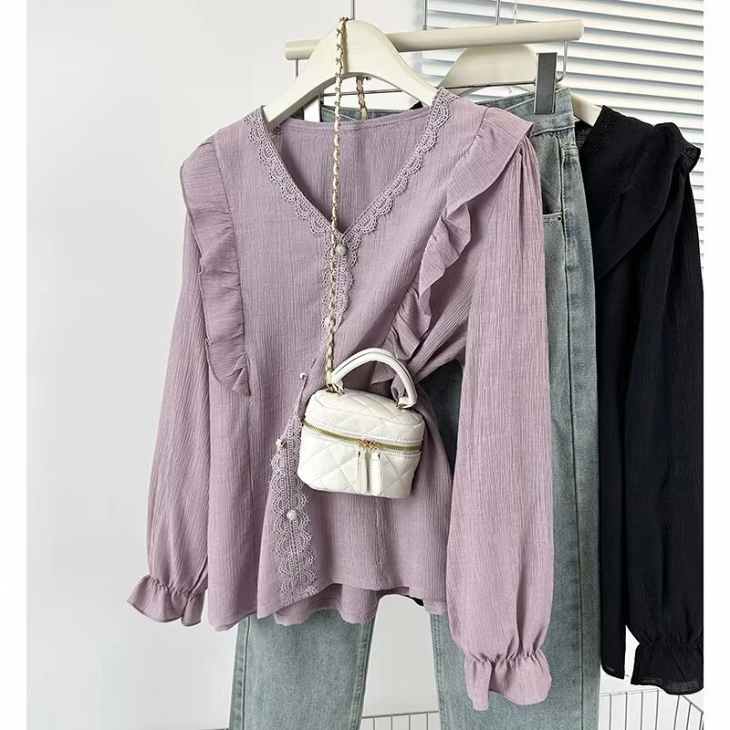JIANAOBEN/简澳本大码V领荷叶边长袖衬衫女早春款设计感洋气上衣