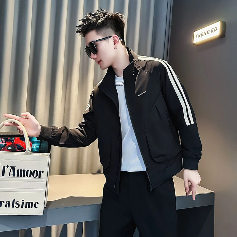 外套男款春秋男生衣服高级感网红洋气炸街男装青少年条纹立领夹克