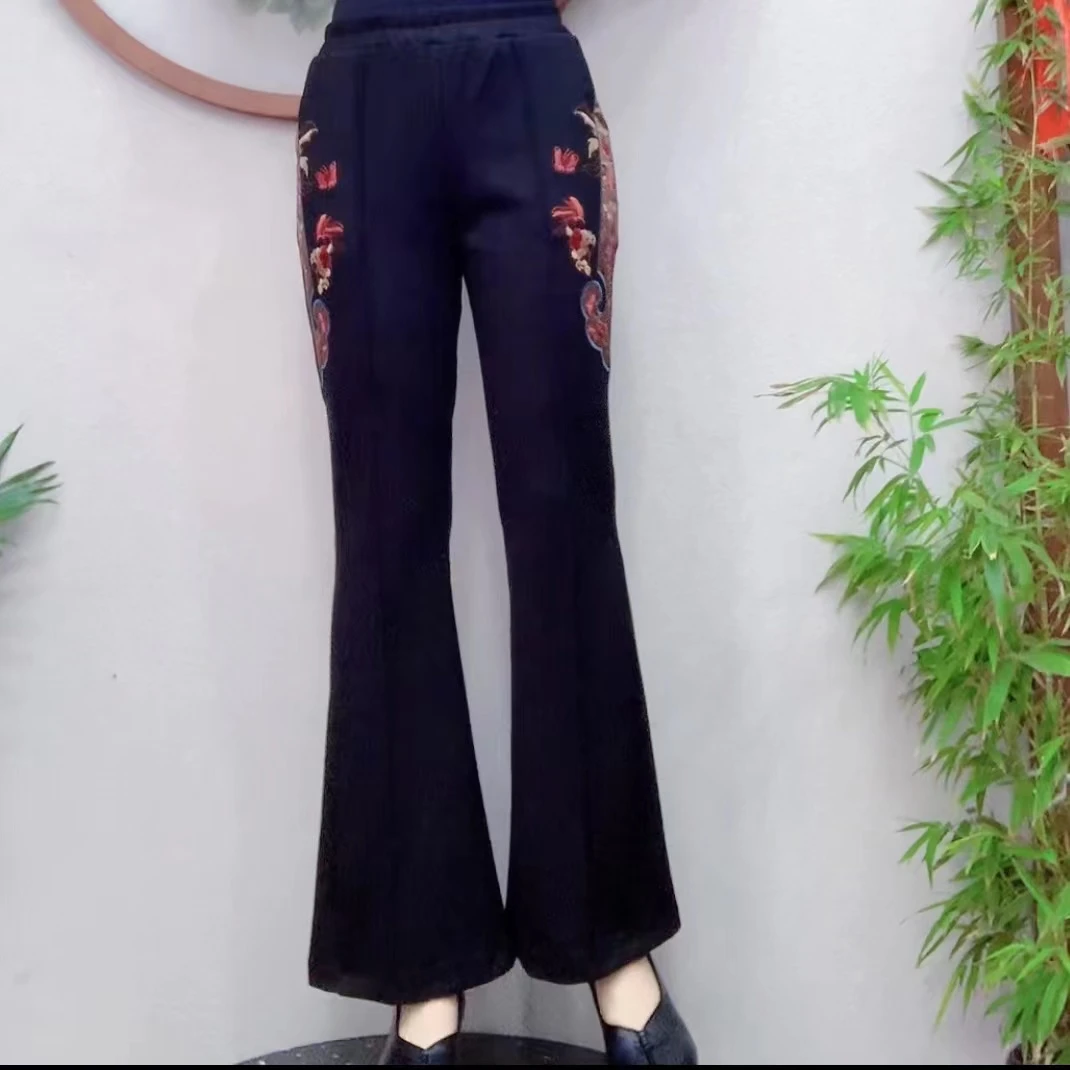 1（裤长99左右）民族风复古刺绣显瘦微喇裤休闲裤6702