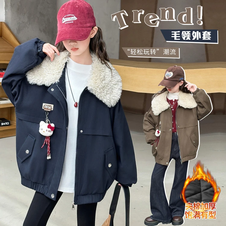 女童秋冬款外套深秋初冬季中大童加绒加厚毛领夹克小女孩韩版冬装