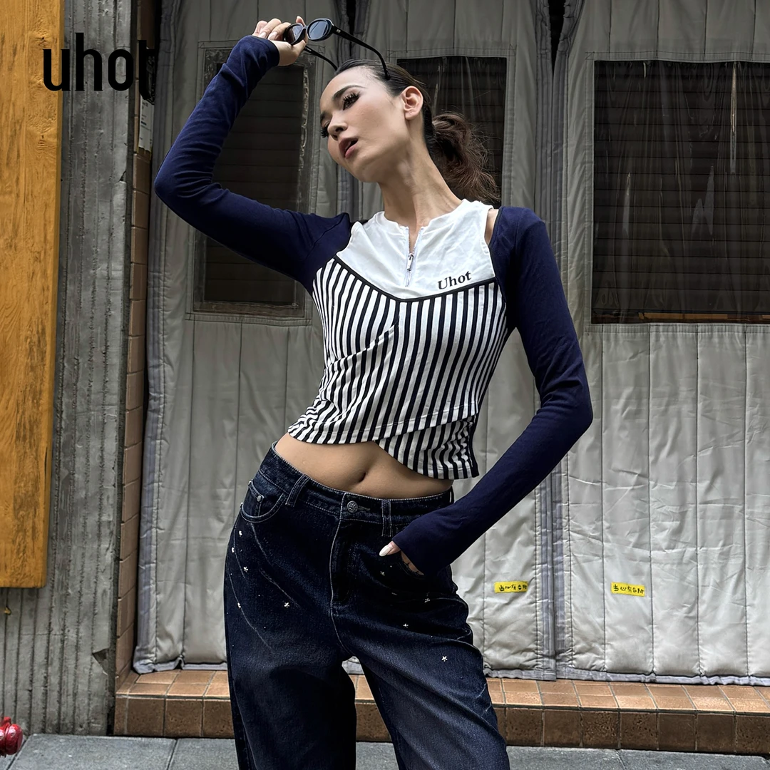UHOT/诱货蓝白条纹撞色拼接假两件上衣女时尚拼接显瘦 UWWA2N648M