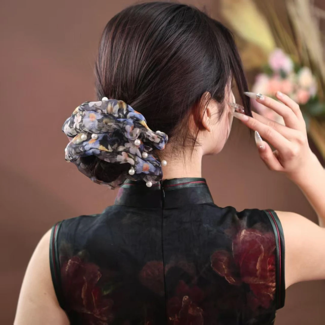 新款波点碎花高弹力珍珠大肠发圈女大号优雅气质马尾扎头发不伤发