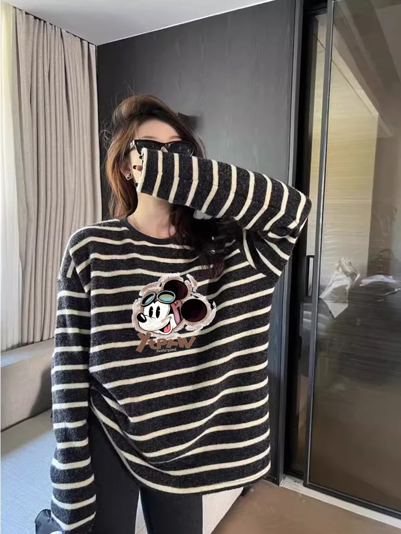 中长款长袖条纹加绒打底衫女秋冬德绒上衣新款宽松内搭磨毛t恤潮
