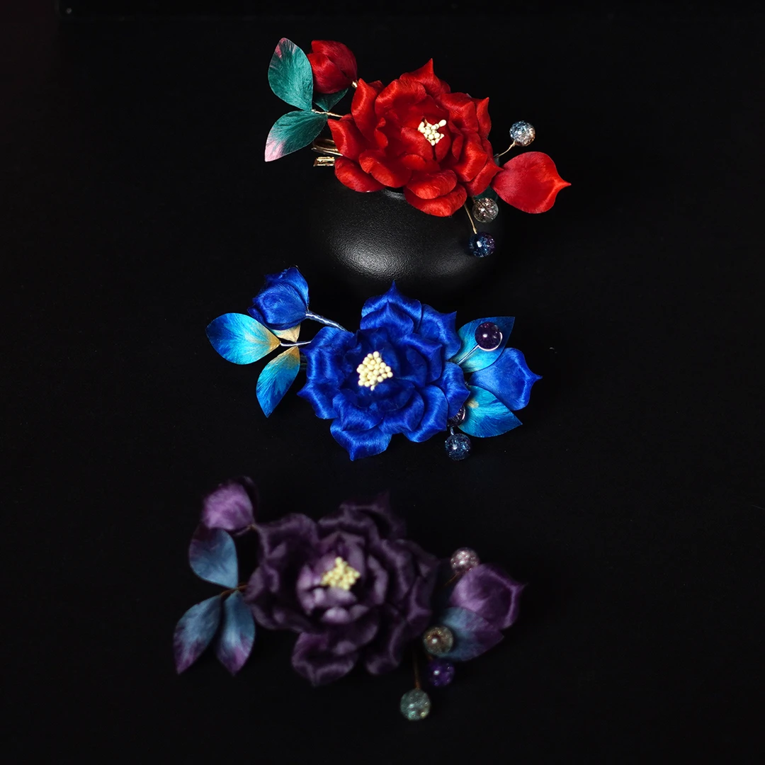 合集 非遗绒花 | 国色天香 牡丹 纯手工蚕丝线绒花国风中式发边夹