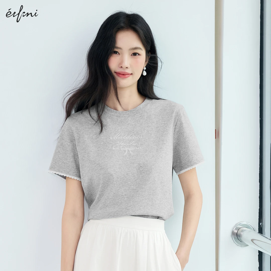 伊芙丽蕾丝花边蝴蝶结绣花T恤女25夏季新款甜美短袖上衣1G4901521