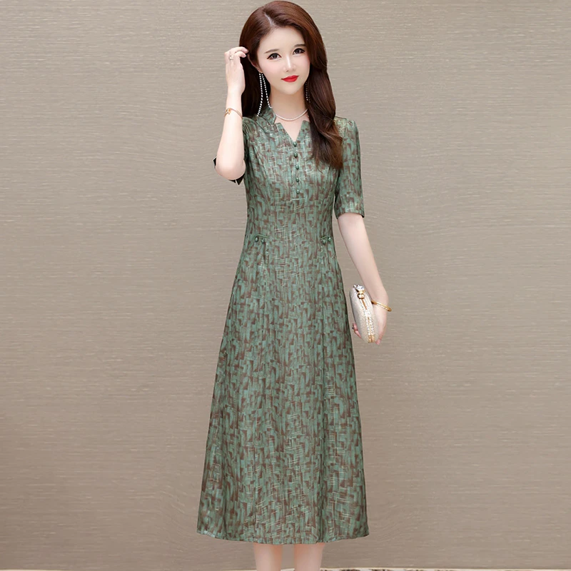 连衣裙裙子旗袍显瘦气质夏季印花洋气碎花时尚复古收腰中长款修身