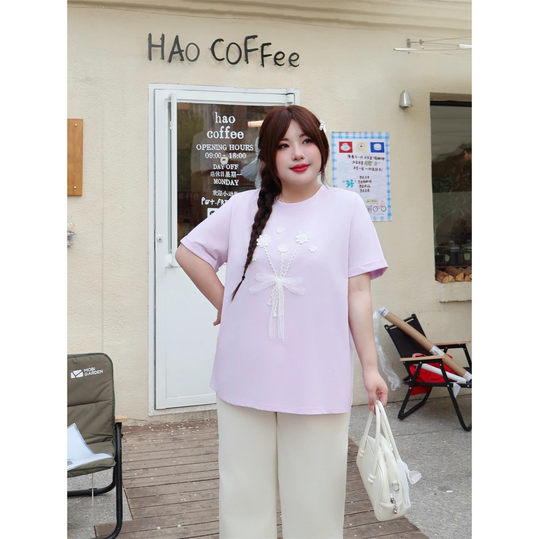 塞纳花房 / 精致立体花朵短袖T恤14807花契大码200斤夏季休闲时尚